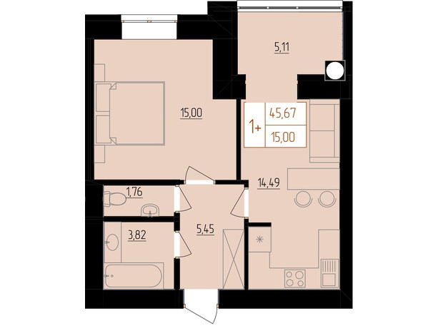 ЖК Harmony for life: планировка 1-комнатной квартиры 45.67 м²