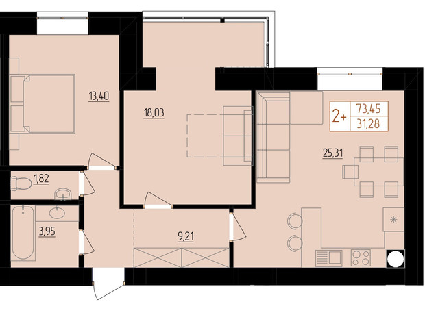 ЖК Harmony for life: планування 2-кімнатної квартири 73.45 м²