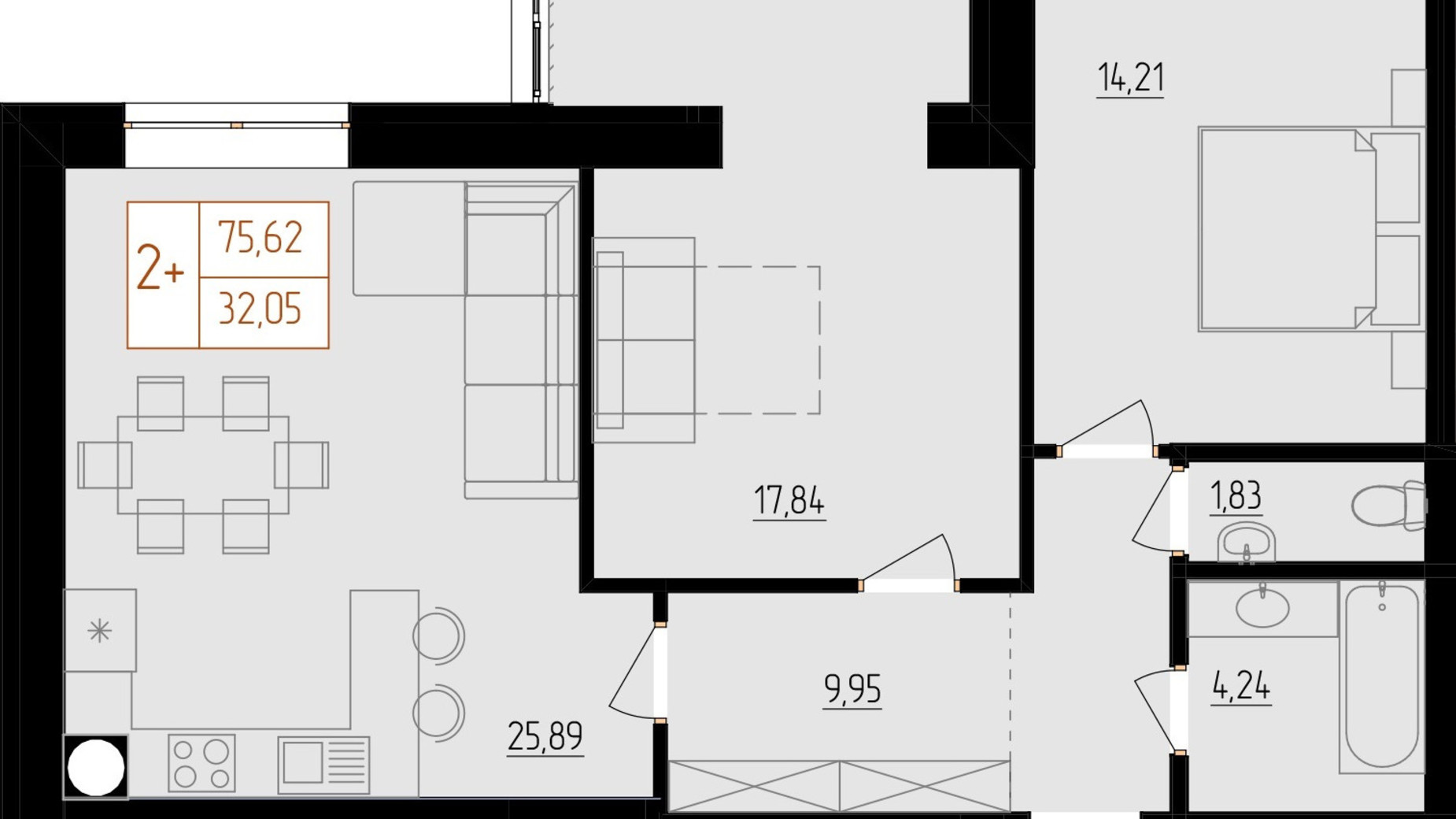 Планування 2-кімнатної квартири в ЖК Harmony for life 75.62 м², фото 396671
