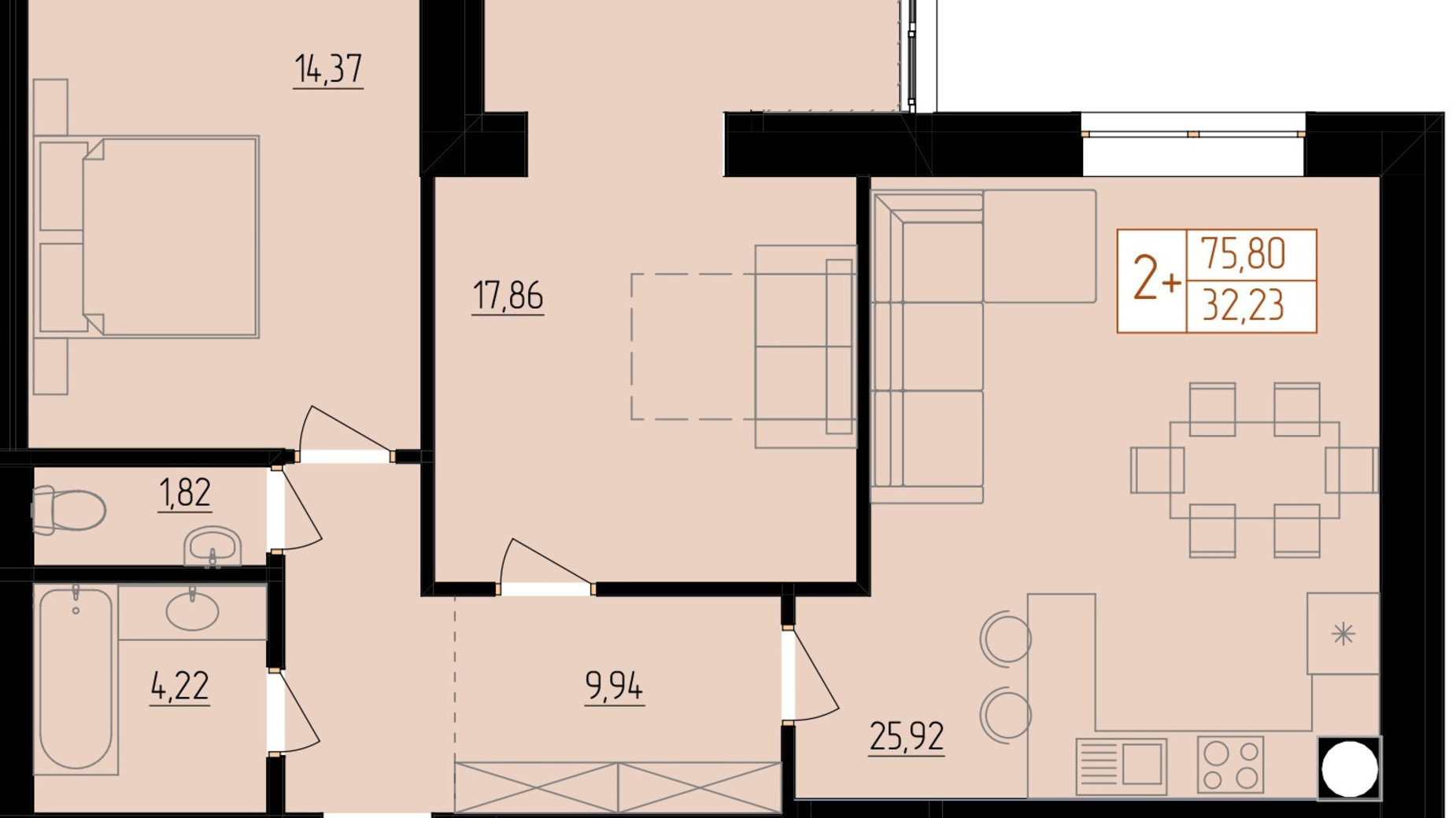 Планування 2-кімнатної квартири в ЖК Harmony for life 75.8 м², фото 396673