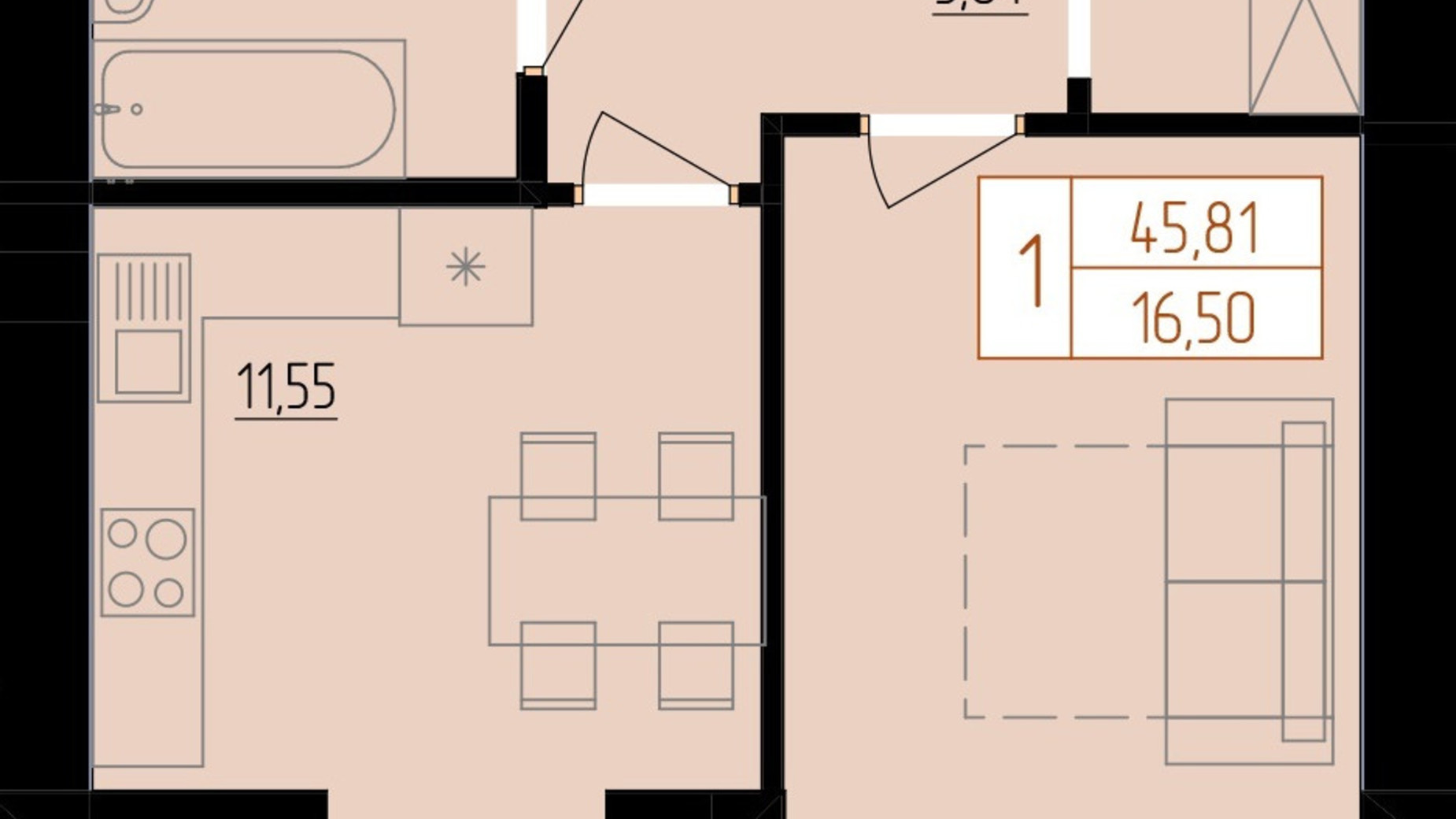 Планування 1-кімнатної квартири в ЖК Harmony for life 45.81 м², фото 396674