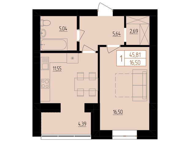 ЖК Harmony for life: планировка 1-комнатной квартиры 45.81 м²