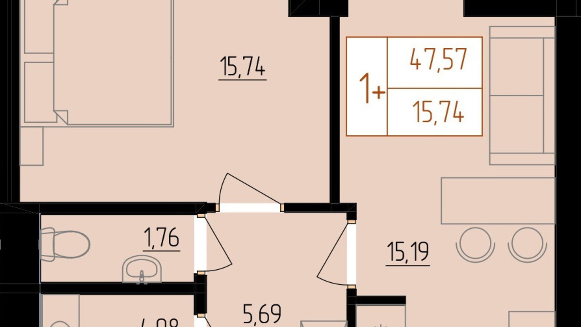 Планування 1-кімнатної квартири в ЖК Harmony for life 47.57 м², фото 396675