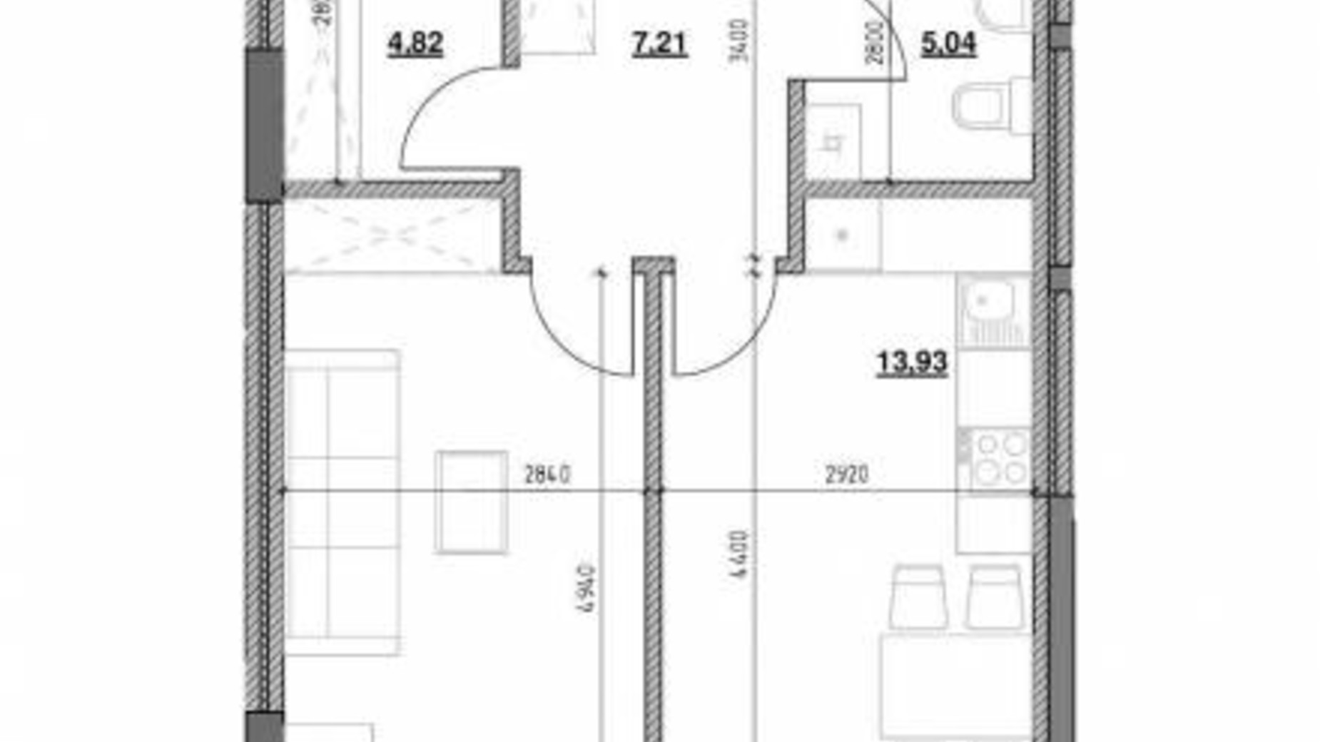 Планування 1-кімнатної квартири в ЖК Голоські кручі 46.02 м², фото 396941