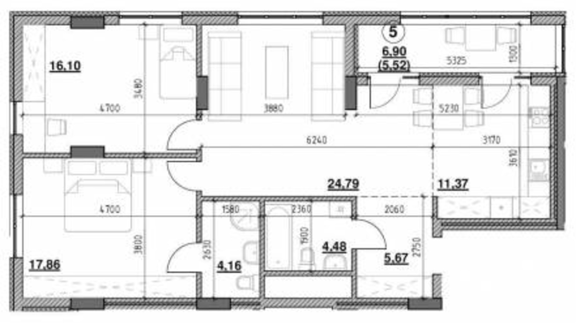Планування 2-кімнатної квартири в ЖК Голоські кручі 89.95 м², фото 396943