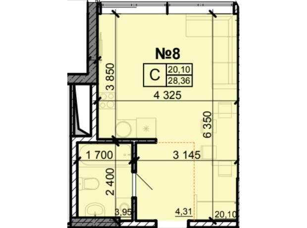 ЖК Акварель 8: планування 1-кімнатної квартири 28.36 м²