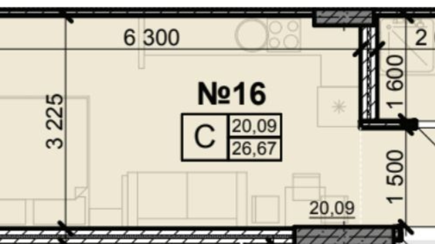 Планировка смарт квартиры в ЖК Акварель 8 26.2 м², фото 397595