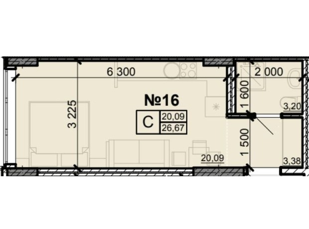 ЖК Акварель 8: планування 1-кімнатної квартири 26.46 м²
