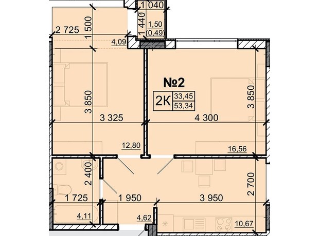 ЖК Акварель 8: планування 2-кімнатної квартири 48.44 м²