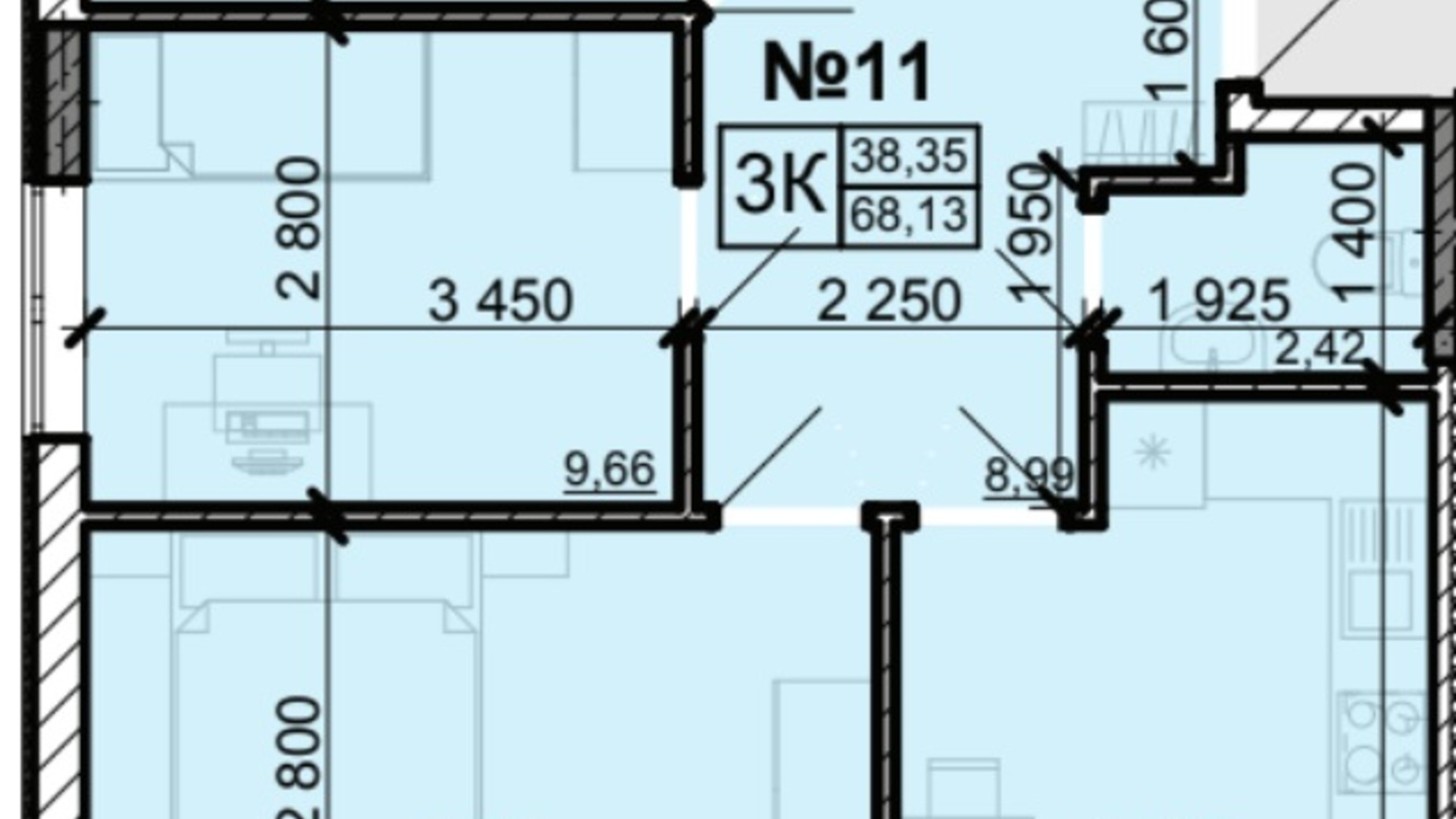 Планировка 2-комнатной квартиры в ЖК Акварель 8 68.9 м², фото 397602