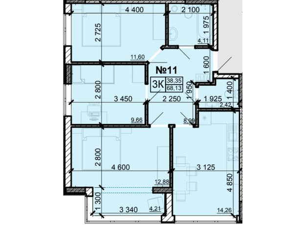 ЖК Акварель 8: планування 2-кімнатної квартири 68.9 м²