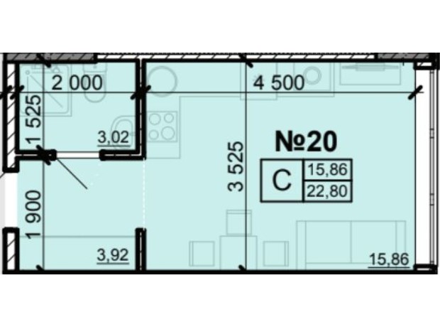 ЖК Акварель 8: планування 1-кімнатної квартири 23.1 м²