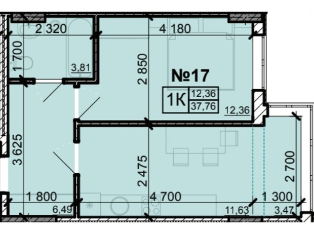 ЖК Акварель 8: планування 1-кімнатної квартири 37.5 м²