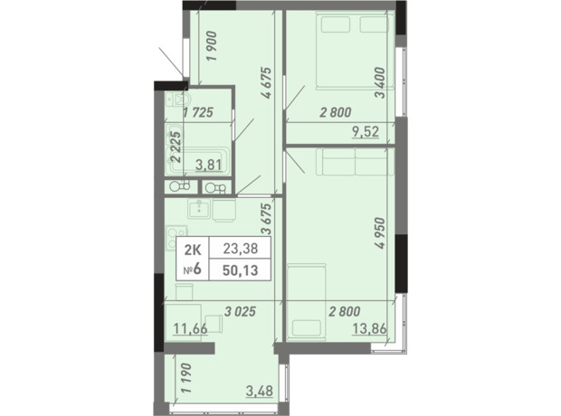 ЖК Акварель 8: планування 2-кімнатної квартири 50.68 м²