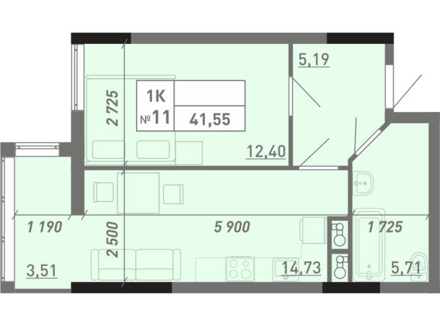 ЖК Акварель 8: планування 1-кімнатної квартири 41.55 м²