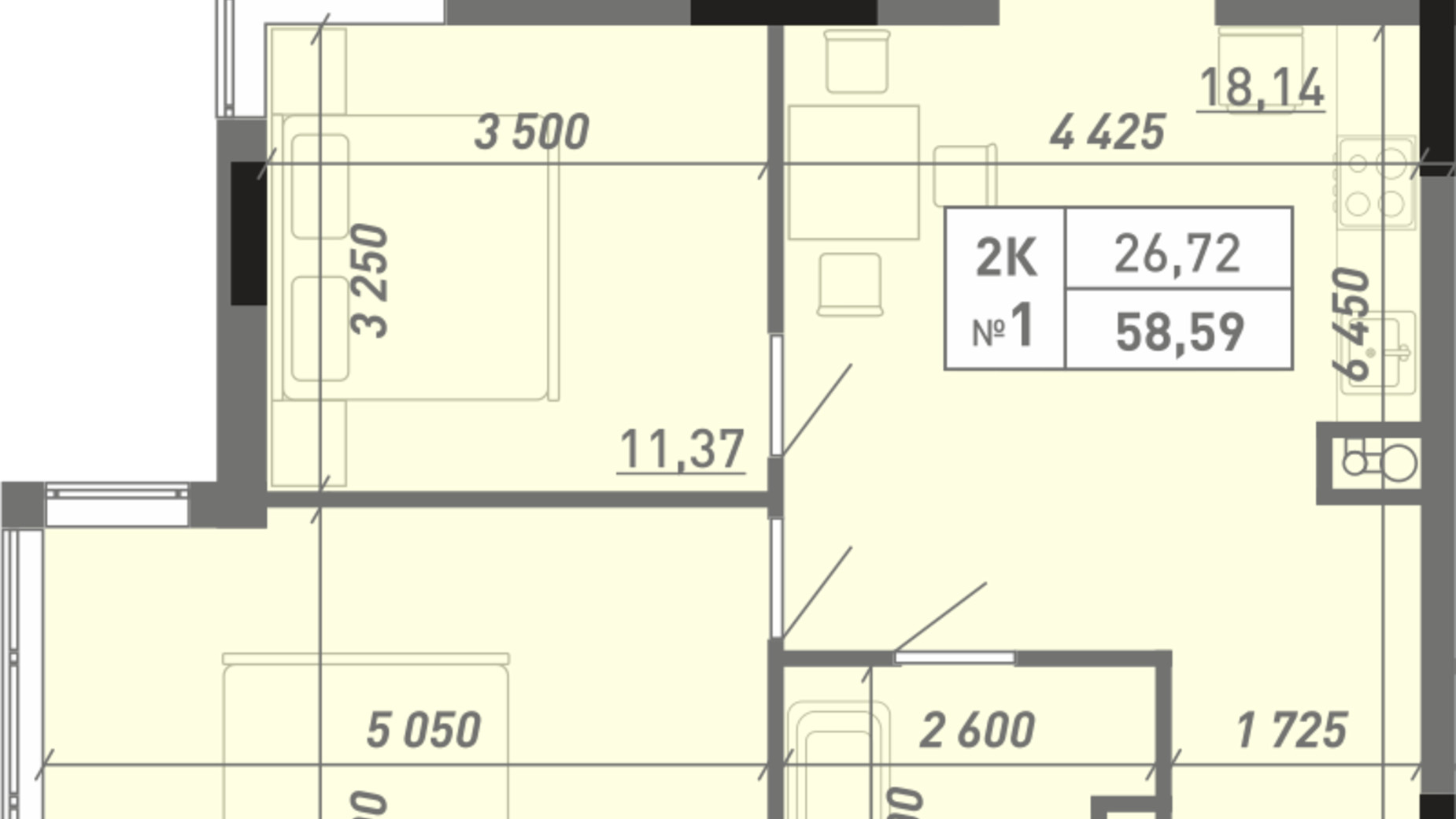 Планування 2-кімнатної квартири в ЖК Акварель 8 57 м², фото 397609