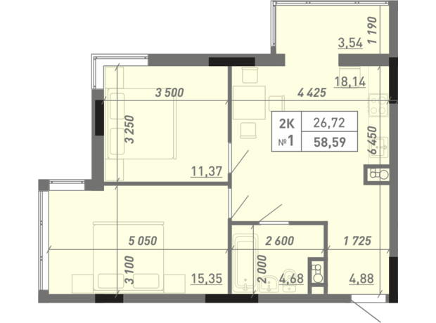 ЖК Акварель 8: планировка 2-комнатной квартиры 57 м²
