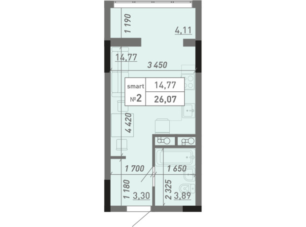 ЖК Акварель 8: планировка 1-комнатной квартиры 26.07 м²