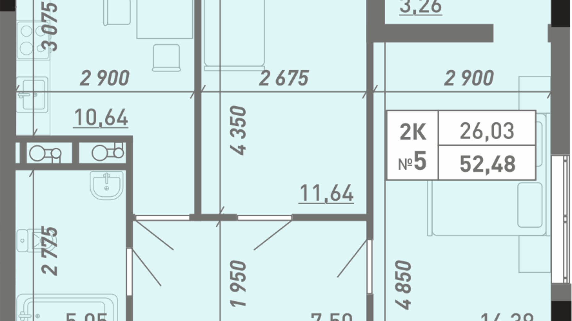 Планування 2-кімнатної квартири в ЖК Акварель 8 52.48 м², фото 397612