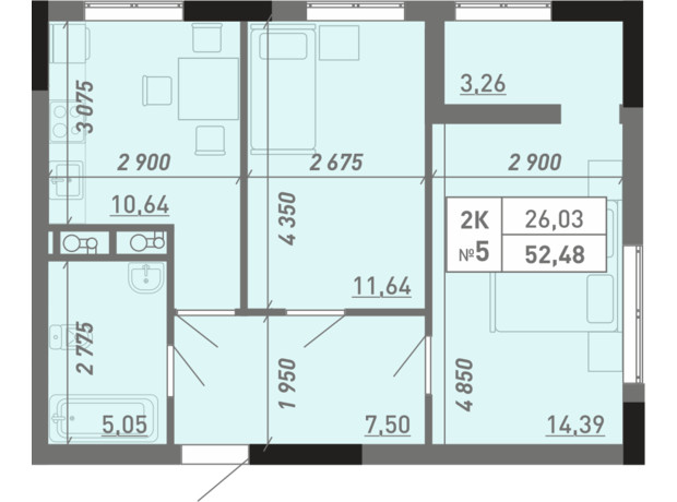 ЖК Акварель 8: планування 2-кімнатної квартири 52.48 м²