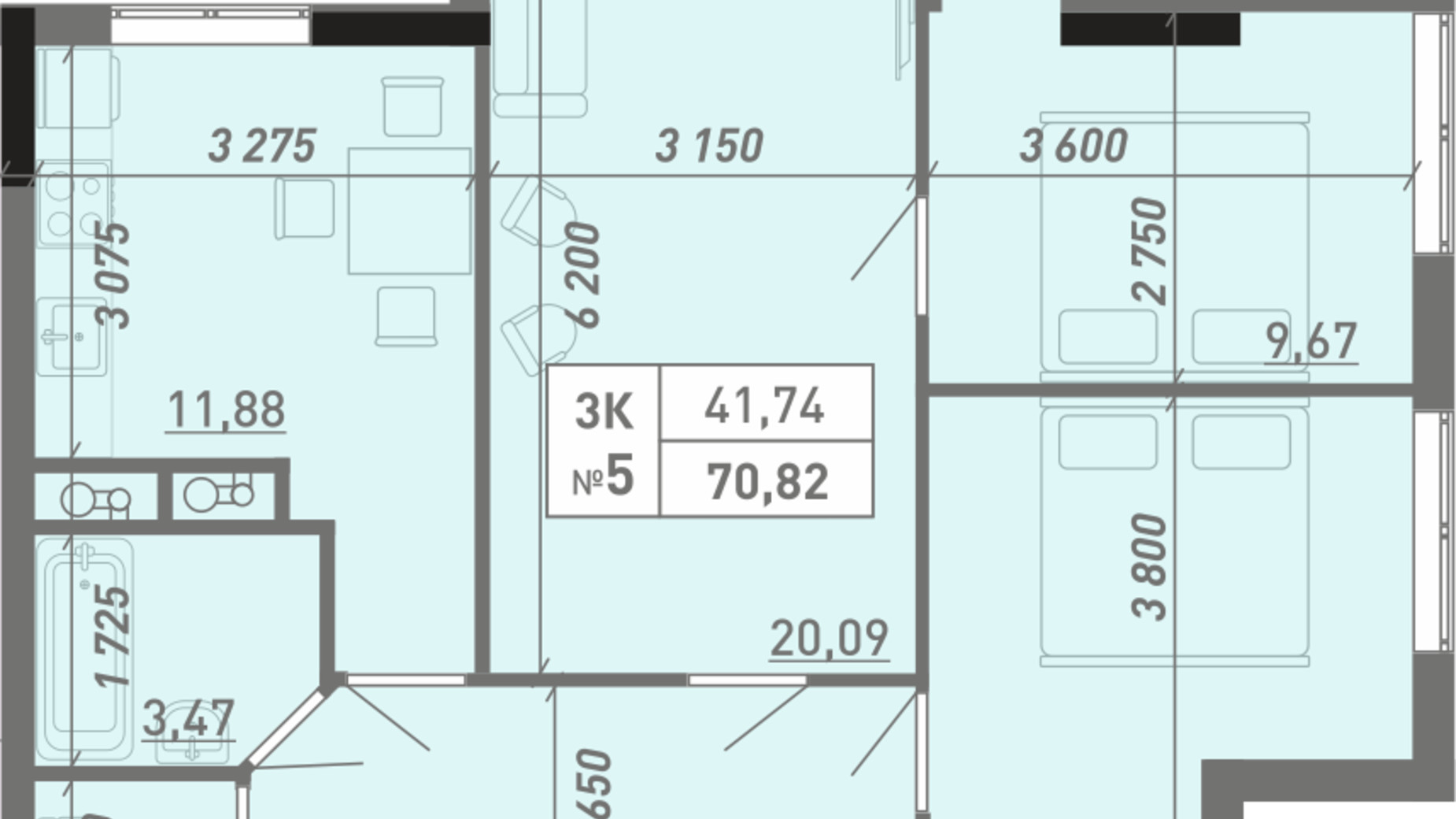 Планування 3-кімнатної квартири в ЖК Акварель 8 70.82 м², фото 397613
