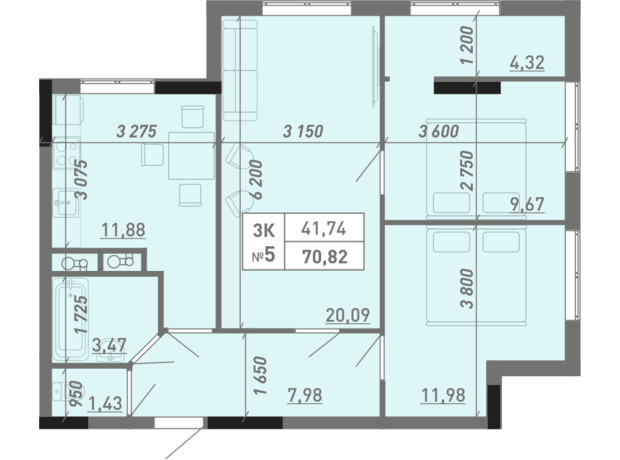 ЖК Акварель 8: планировка 3-комнатной квартиры 70.82 м²
