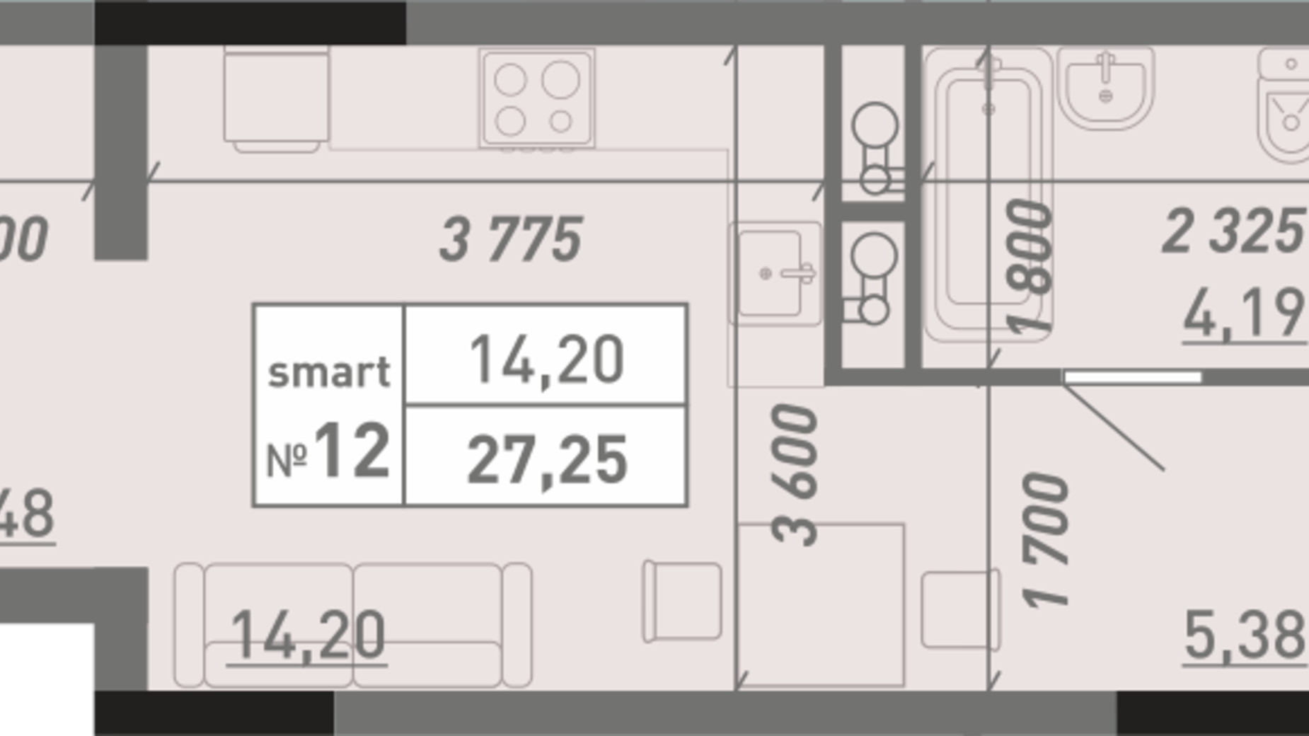 Планировка смарт квартиры в ЖК Акварель 8 27.25 м², фото 397614