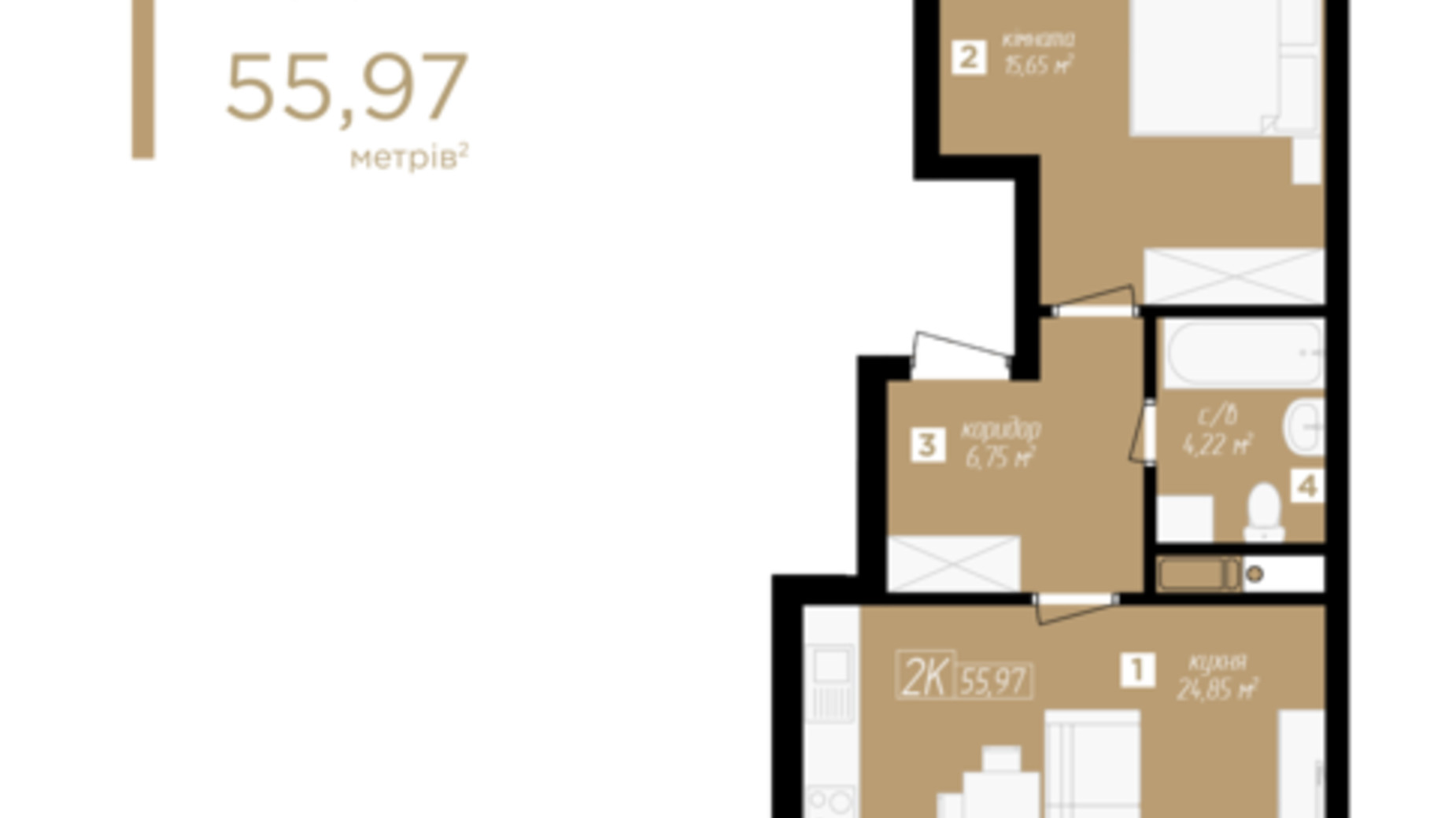 Планування 2-кімнатної квартири в ЖК Kniahynyn-Center 55.97 м², фото 397633