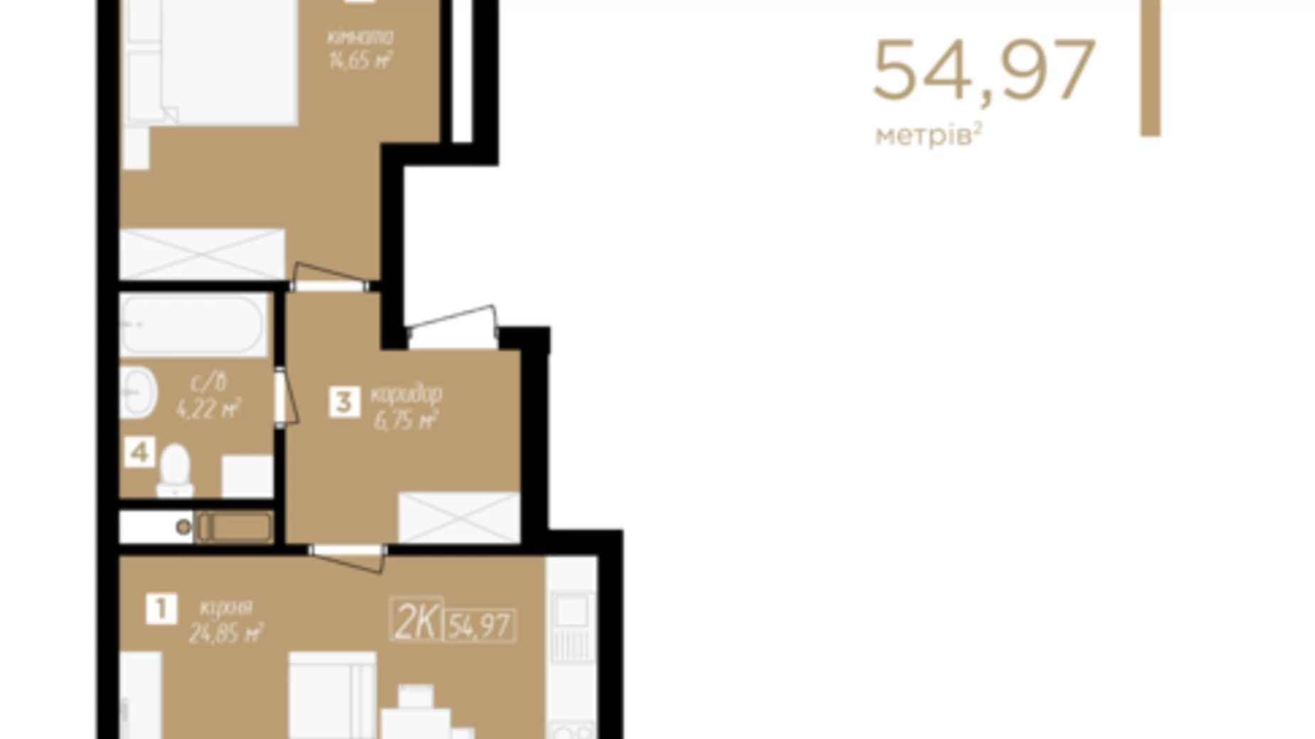 Планировка 2-комнатной квартиры в ЖК Kniahynyn-Center 54.97 м², фото 397635