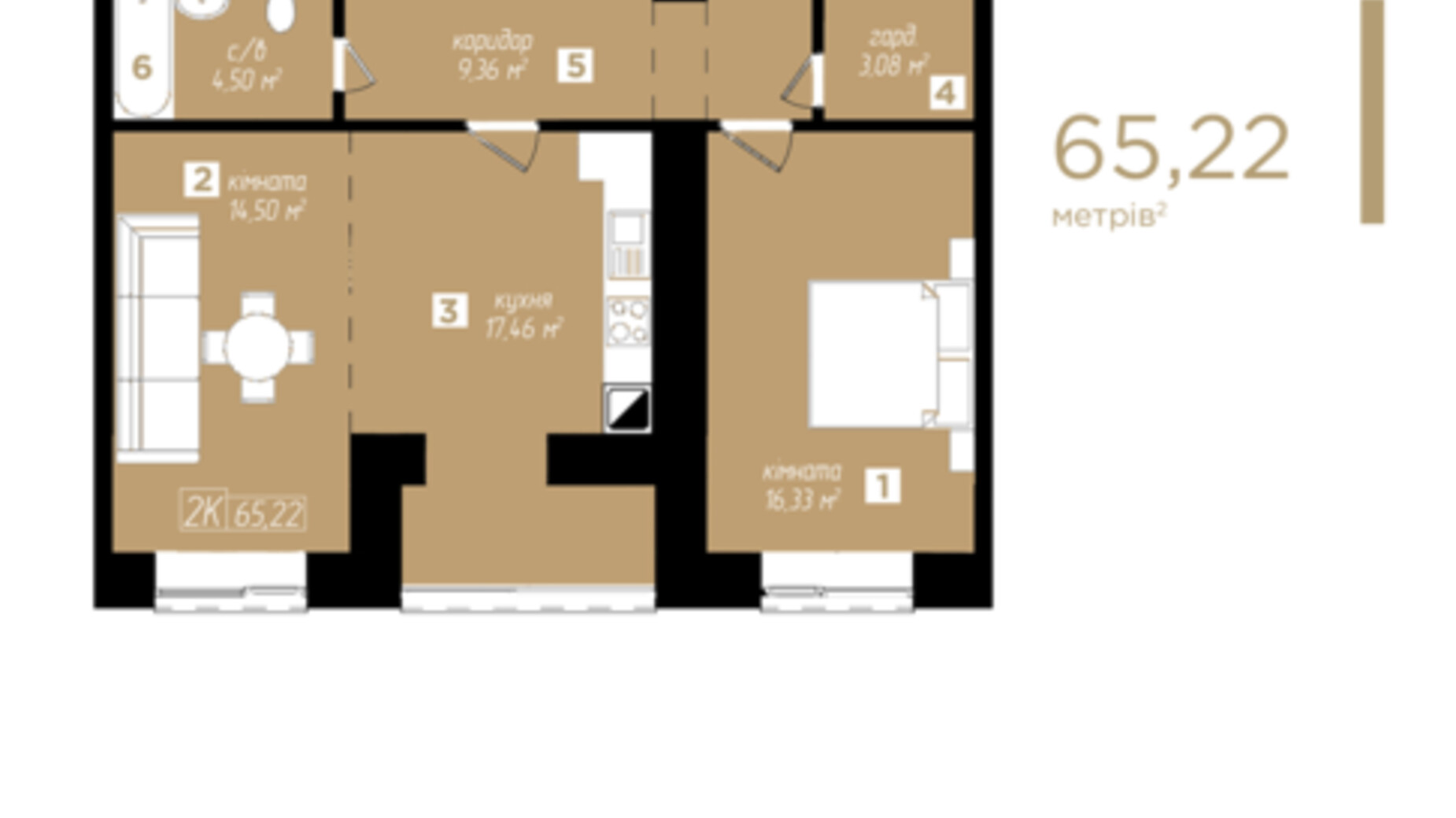 Подъезд 2, квартира 2-комнатная, общая площадь 65.22 м² Планировка 2-комнатной квартиры в ЖК Молодежный 65.22 м², фото 397643