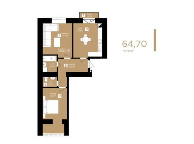 ЖК Молодежный: планировка 2-комнатной квартиры 64.7 м²