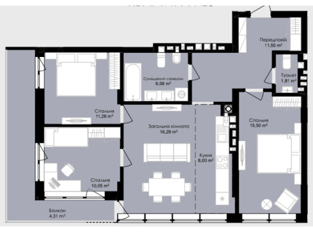 ЖК Okruzhna Hall: планировка 3-комнатной квартиры 85.35 м²