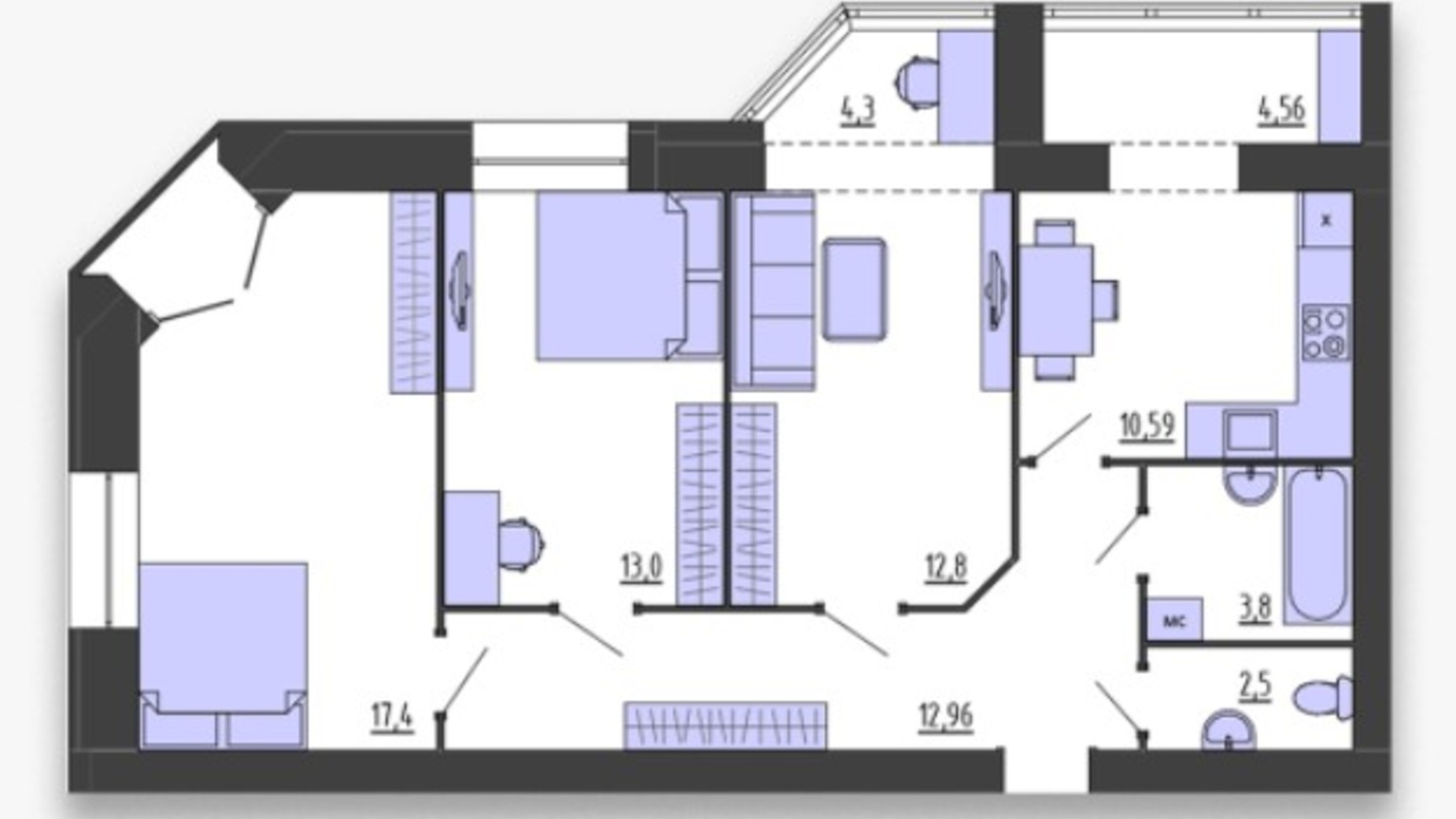 Планування 3-кімнатної квартири в ЖК Sofiya 2 80.57 м², фото 398351