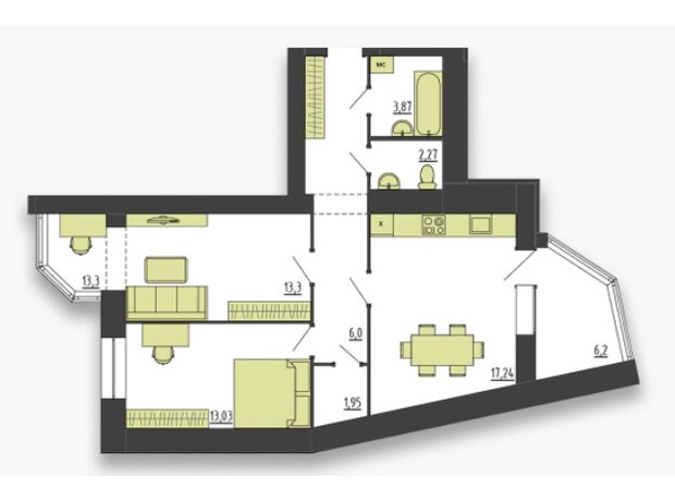 ЖК Sofiya 2: планування 2-кімнатної квартири 71.82 м²