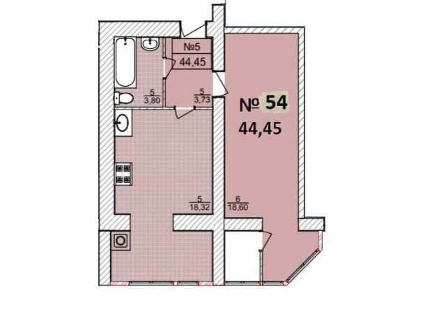 ЖК Sofiya 2: планування 1-кімнатної квартири 44.45 м²