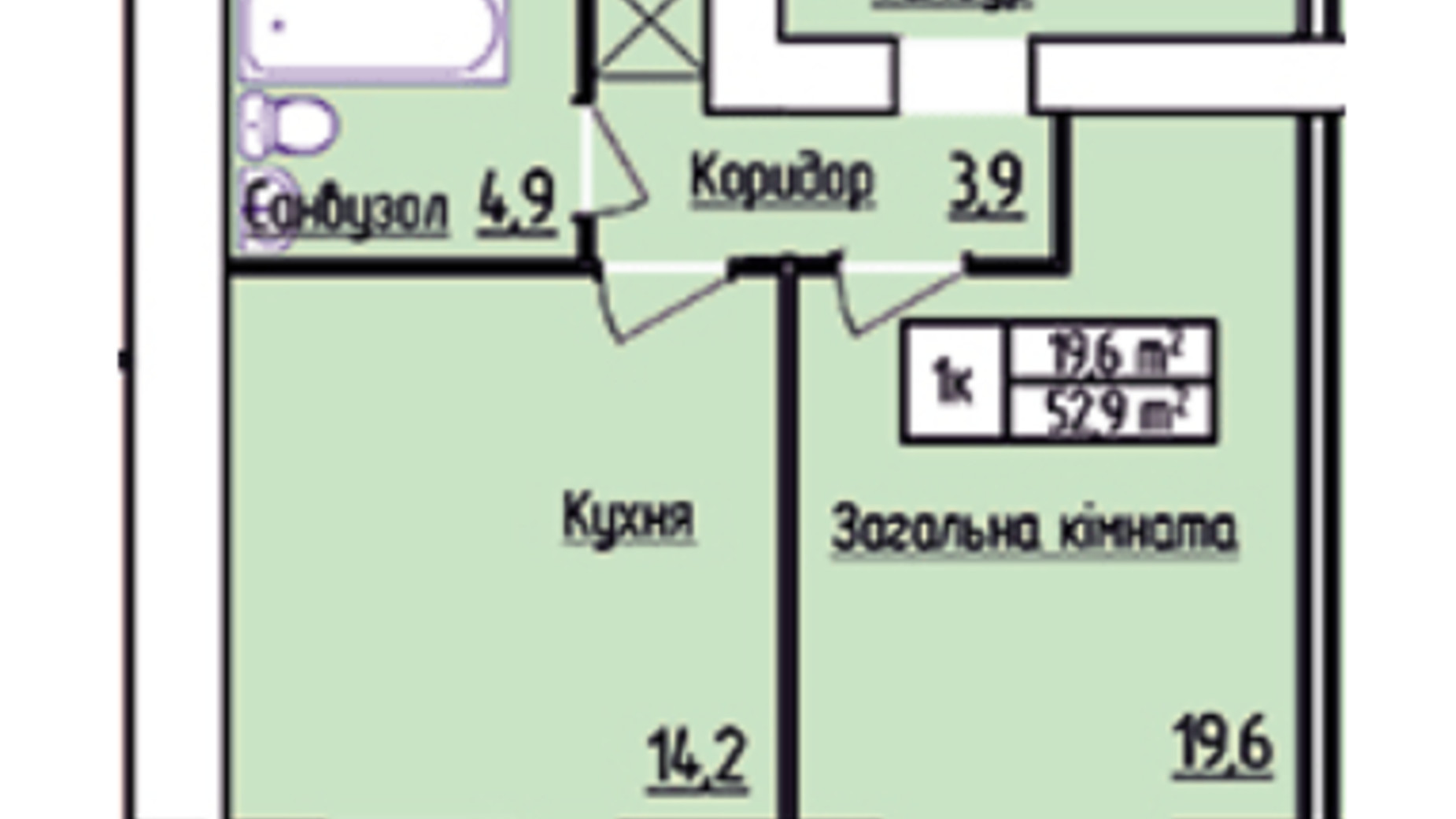 Планування 1-кімнатної квартири в ЖК Лісовий квартал 53 м², фото 398439