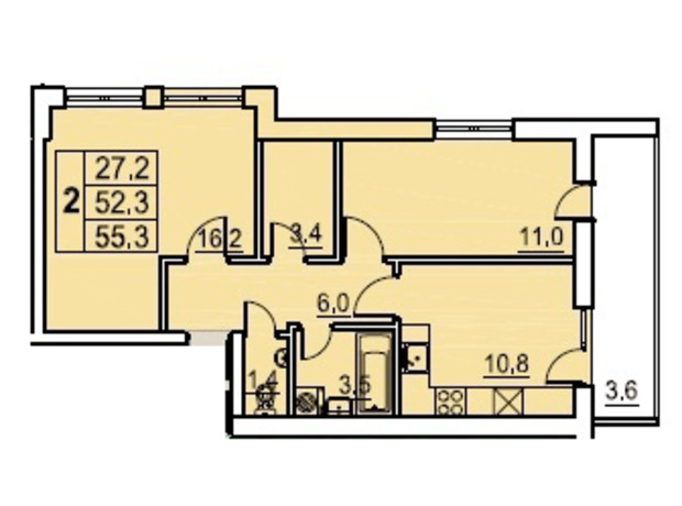 ЖК Перлина Мостищини: планировка 2-комнатной квартиры 55.3 м²