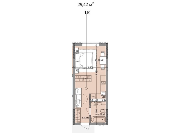ЖК Акварель 9: планировка 1-комнатной квартиры 29.42 м²