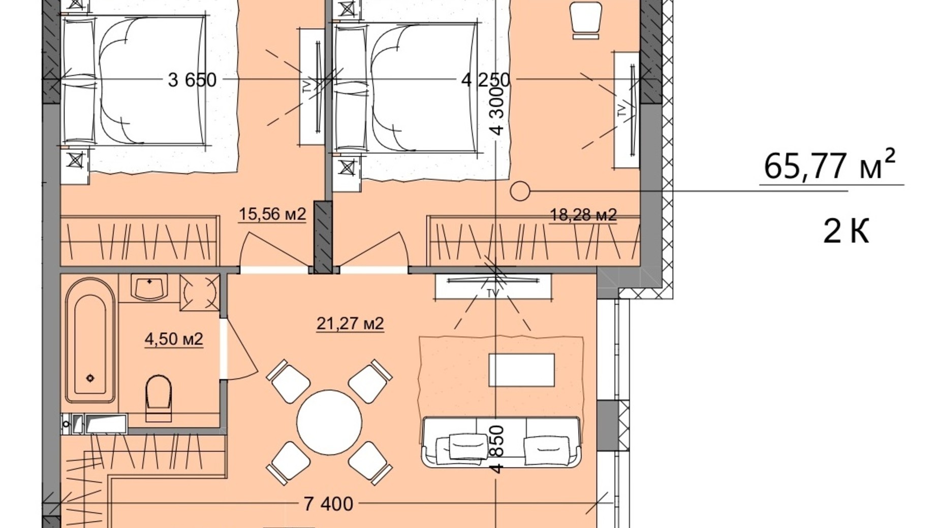 Планування 2-кімнатної квартири в ЖК Акварель 9 65.77 м², фото 399481