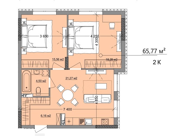 ЖК Акварель 9: планування 2-кімнатної квартири 65.77 м²