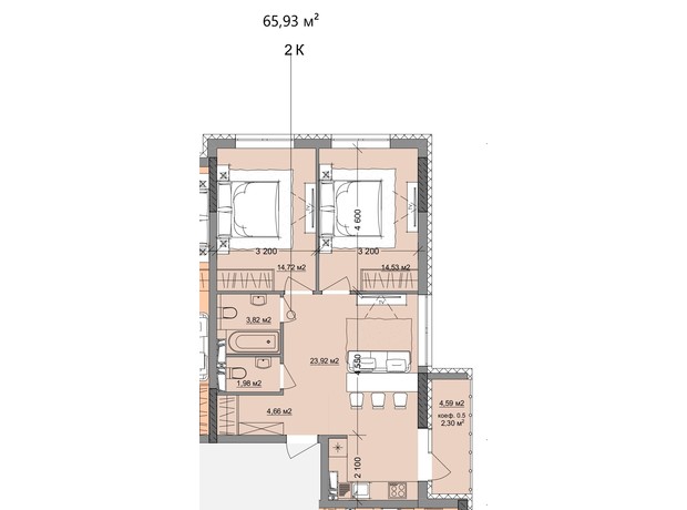 ЖК Акварель 9: планування 2-кімнатної квартири 65.93 м²