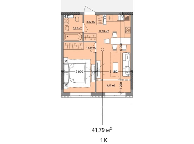 ЖК Акварель 9: планування 1-кімнатної квартири 41.79 м²