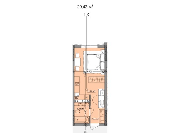 ЖК Акварель 9: планування 1-кімнатної квартири 29.42 м²