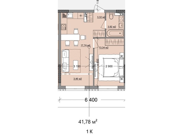 ЖК Акварель 9: планування 1-кімнатної квартири 41.78 м²