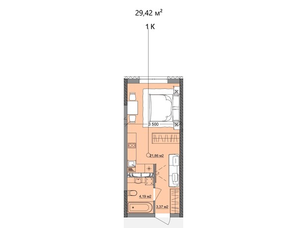 ЖК Акварель 9: планування 1-кімнатної квартири 29.42 м²