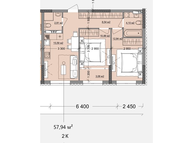 ЖК Акварель 9: планировка 2-комнатной квартиры 57.94 м²