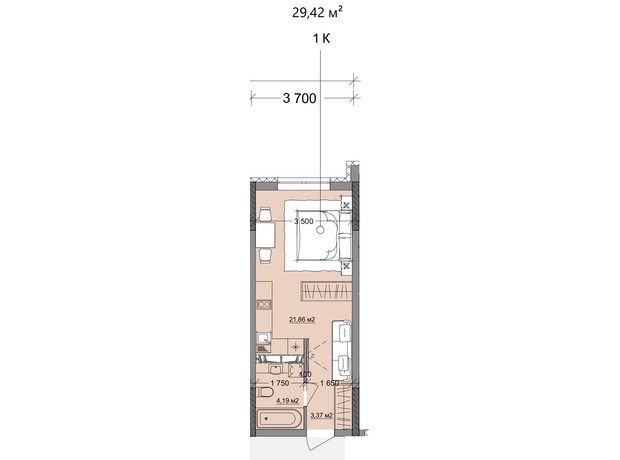 ЖК Акварель 9: планування 1-кімнатної квартири 29.42 м²