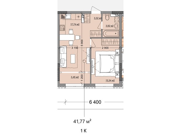ЖК Акварель 9: планування 1-кімнатної квартири 41.77 м²
