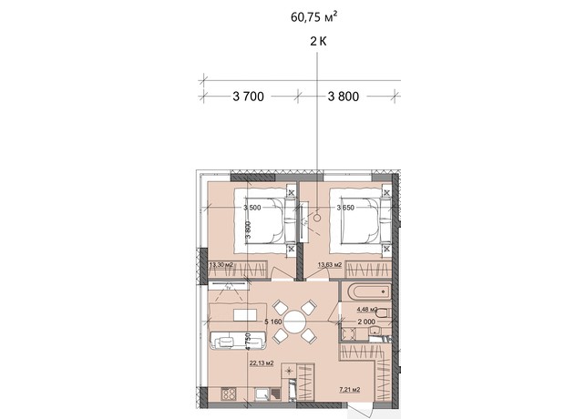 ЖК Акварель 9: планування 2-кімнатної квартири 60.75 м²