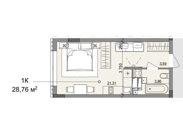 ЖК Акварель 10: планировка 1-комнатной квартиры 28.76 м²